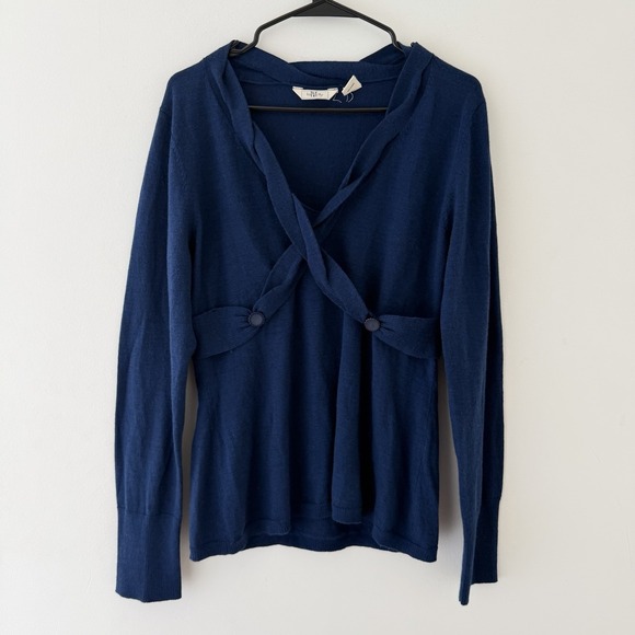Lia Molly Sweaters - Lia Molly Womens Sweater L Blue Wool Wrap Front Knit Top Indie Coquette